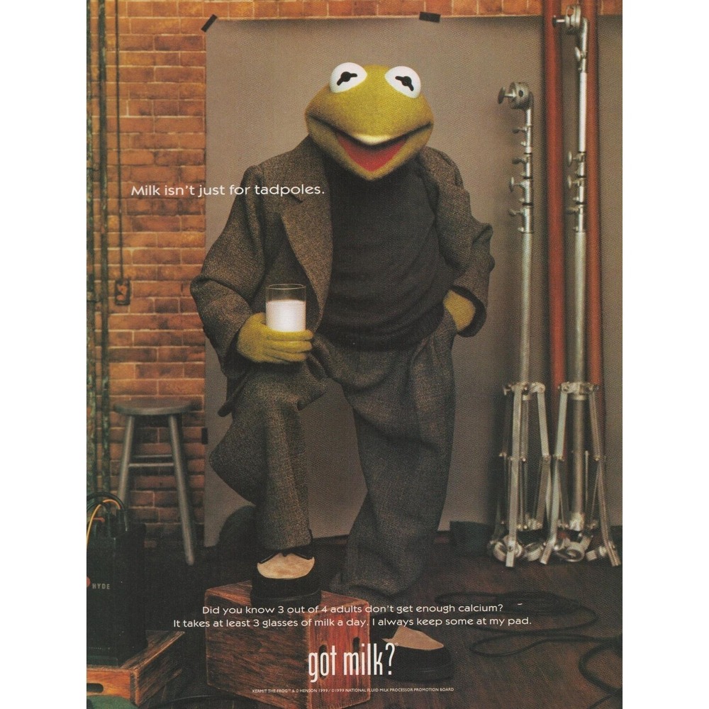 Vintage 1999 Kermit The Frog Got Milk Celebrity Print Ad Muppets y2k Decor